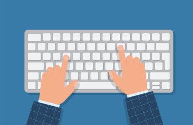 Human working on the computer. Hands on the keyboard and mouse. Programmer, blogger, freelancer, designer, office employee. Template for design. Vector illustration flat style Eps 10