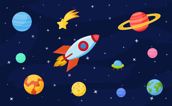 Концепция казачьего набора. Установка на космическую тему, включая транспорт, планеты и связанные с ними объекты, спутники, инструменты для отслеживания космоса. Векторная иллюстрация изолирована на белом фоне. eps 10