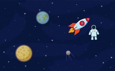 Kozmos konsepti. Bir uzay teması ayarla, bir nakliye, gezegenler, ilgili nesneler, uydular, kozmosu izlemek için gerekli aletler. Beyaz arkaplanda vektör çizimi izole edildi. 10 saniye.