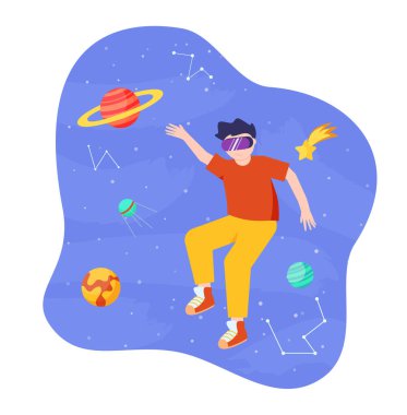 Metaverse ya da Sanal gerçeklik teknolojisi kavramı. Dijital gözlüklü adam. VR kulaklık takan bir genç oyuncu oyun oynuyor. Eps 10