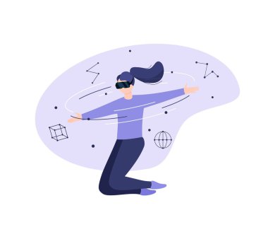 Metaverse ya da Sanal gerçeklik teknolojisi kavramı. Dijital gözlüklü kadın. VR kulaklık takan bir genç oyuncu oyun oynuyor. Eps 10