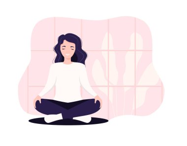 Vektör illüstrasyon işi kadını ofiste yoga ve meditasyon yapıyor. Kız nilüfer pozisyonunda oturuyor, düşünce süreci, başlangıç ve fikir arayışı. Zaman yönetimi 10 puan
