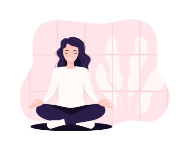 Vektör illüstrasyon işi kadını ofiste yoga ve meditasyon yapıyor. Kız nilüfer pozisyonunda oturuyor, düşünce süreci, başlangıç ve fikir arayışı. Zaman yönetimi 10 puan