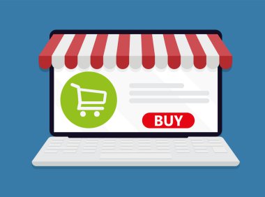 Çevrimiçi alışveriş ve online mağaza konsepti. Ekran alımlı laptop. Vektör çizim simgesi. Eps 10