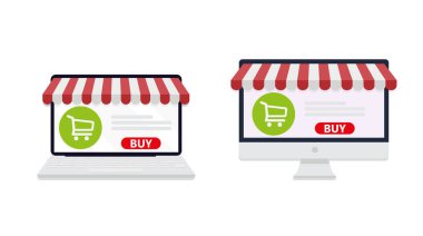 Bilgisayar ve laptop ekran alımı. İnternetten alışveriş konsepti. Eps 10