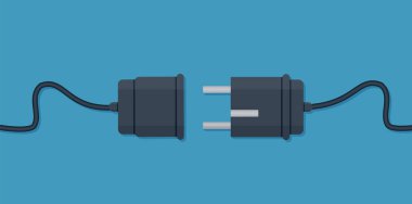 Elektrik prizi ve Soket tasarım vektörünün fişini çekin. 404 hata arkaplan web pankartı, elektrik kablosu şoku, bağlantı kopması, bağlantı kaybı. Eps 10