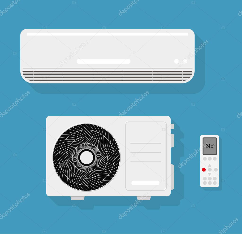 Air conditioner and split air control system templates set, realistic vector illustration isolated on background. Air conditioning appliances collection. Eps 10