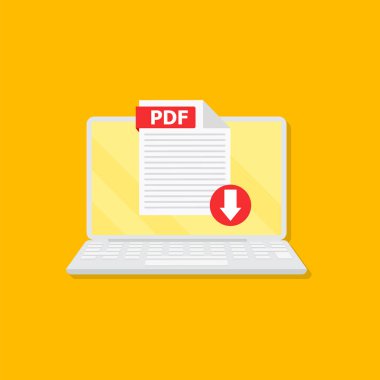 PDF düğmesini laptop ekranına indir. Belge konsepti indiriliyor. PDF etiketli ve aşağı ok işaretli dosya. Vektör hisse senedi çizimi. Eps 10