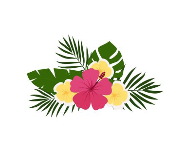 Pembe taç yaprakları, tropikal yapraklar ve beyaz arka planda çiçekli çiçek buketi. Eps 10