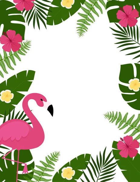 Sommer Postkarte Hintergrund Mit Tropischen Pflanzen Und Blumen Flamingos Für — Stockvektor