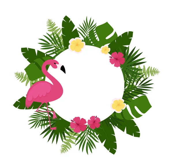 Verão Fundo Cartão Postal Com Plantas Tropicais Flores Flamingos Para —  Vetores de Stock