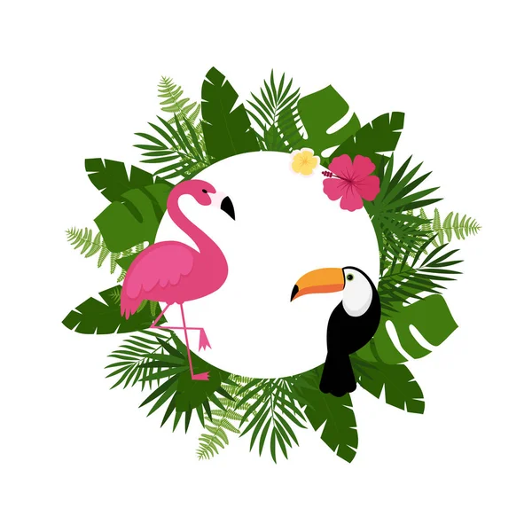 Zomer Ansichtkaart Achtergrond Met Tropische Planten Bloemen Flamingo Voor Typografische — Stockvector