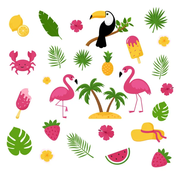 Yaz Elementleri Tropik Tatil Fotoğraf Kabini Dekorları Flamingo Dondurma Ananas — Stok Vektör