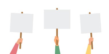 Elinde boş tabela var. Boş protesto posteri tutan eller. Çizgi film vektör çizimi. Pankart ve poster boş, protesto duyuru tahtası Eps 10