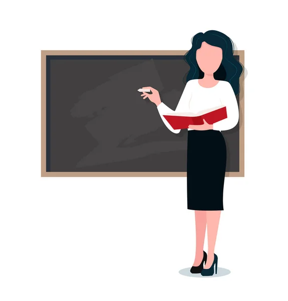 Kvinnlig Lärare Klassrummet Leende Kvinnolärare Står Vid Svarta Tavlan Eller — Stock vektor