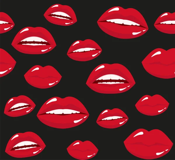 Seamless Pattern Red Lipstick Kiss Black Background Vector Flat Illustration — Stock Vector