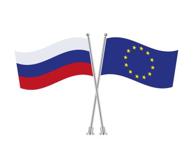 Rusya Avrupa 'ya karşı. Savaş Rusya Avrupa. Cross geçecek. Statewood 'la karşılaşma. Vektör çizimi düz tasarım. Beyaz arka planda izole edilmiş. 10 saniye.