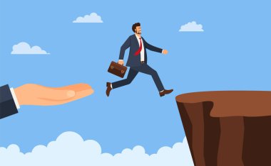 İş adamı tepe başarısı arasındaki uçurumdan atlıyor. Koşup kayalıklardan atlamak. İş riski ve başarı konsepti. Çizgi film Vektör İllüstrasyonu. 10 saniye.