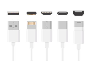 Cep telefonu usb şarj kablolarının şeffaf arkaplanda izole edilmiş yaratıcı vektör çizimi. Sanat tasarımı akıllı telefon şarj aksesuarları. Tip-c arayüzleri, bağlantı portları ESP 10