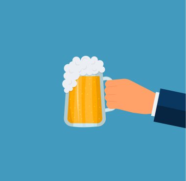 Elleri bardakta bira şişesi, şarap ve kokteyl, vektör illüstrasyonları için tezahürat.