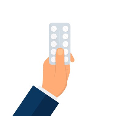 Man holding blister pack of pills in his hand over red background. Healthcare concept, vector illustration. Eps 10