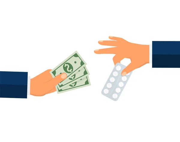Buying Medical Pills Blister Pack Money Bills Concept Hand Giving — Stock Vector