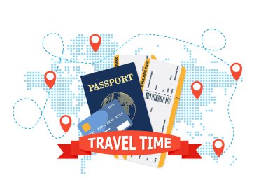 Kırmızı 3D Çanta ve Sarı Turuncu Arkaplan Tasarımlı Gerçekçi Öge Elementleri ile Turizm Önü Görünümü Posteri. Vektör İllüstrasyonu Eps 10