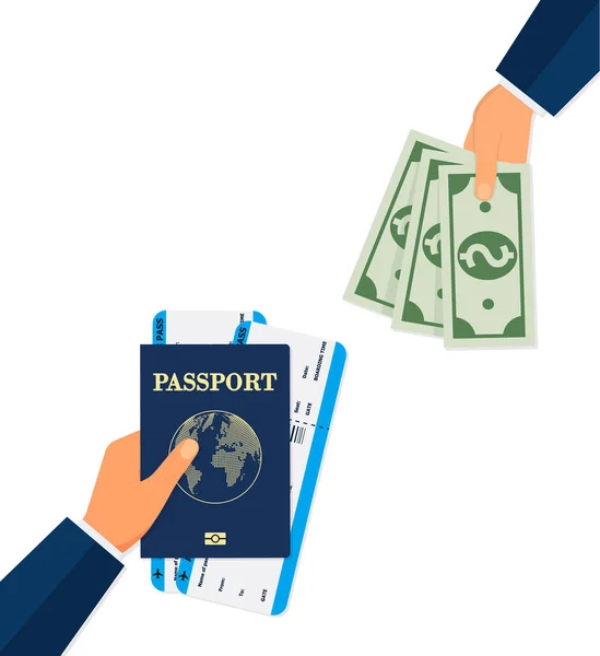 Hipster Young Man Showing Passport Tickets Cash Money Trendy Bearded — Stockvector