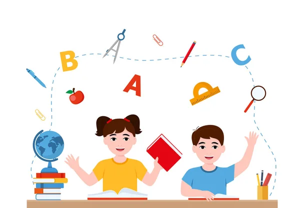 Girl Boy Writing Kids Doing Homework Maths Home Cartoon Cute — Stock Vector