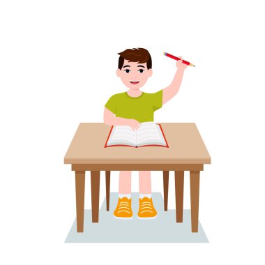 Boys are writing, kids doing homework, maths at home. Cartoon cute little boy in red shirt Siting on the desk. The concept of learning age. Vector illustrations isolated on white background. eps 10