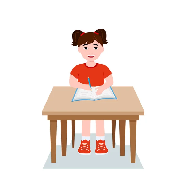 Girl Writing Kids Doing Homework Maths Home Cartoon Cute Little — 스톡 벡터