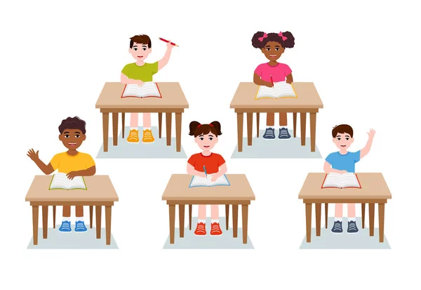 Primary School Pupils Sit Desk Elementary Education Children Writing Copybook — Image vectorielle