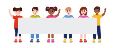 Çocuklar boş tahta tutuyorlar. Çocuklar posterlerle büyür. Tatil, kutlama, şenlik. Mesajınız için hazırız. Mesaj için yer var. Komik çizgi film karakteri. Beyaz arkaplanda izole Eps 10