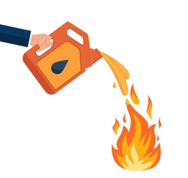 Canister with fuel. Red gas tank. Container with oil. Flammable object. Danger and fire. Watering a Dangerous flame. Flat cartoon icon illustration isolated on white background Eps 10
