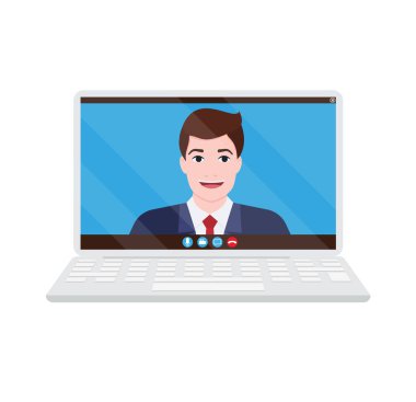 webinar çevrimiçi toplantı konsepti, uzaktan çalışma veya evden ve her yerden çalışma, bilgisayar ekranı üzerinden video konferansı kullanan adam, düz vektör illüstrasyonu Eps 10