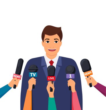 Basın toplantısı. Mikrofon tutan eller ve dijital ses kaydediciler. Rostrum, mikrofonlu Tribün. Modern düz tasarım grafik elementleri. Vektör illüstrasyonu 10