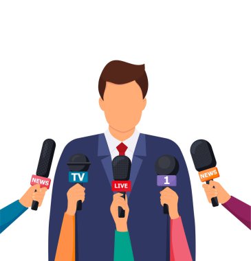 Basın toplantısı. Mikrofon tutan eller ve dijital ses kaydediciler. Rostrum, mikrofonlu Tribün. Modern düz tasarım grafik elementleri. Vektör illüstrasyonu 10