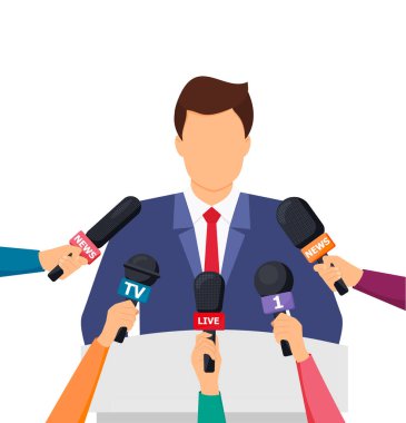 Basın toplantısı. Mikrofon tutan eller ve dijital ses kaydediciler. Rostrum, mikrofonlu Tribün. Modern düz tasarım grafik elementleri. Vektör illüstrasyonu 10