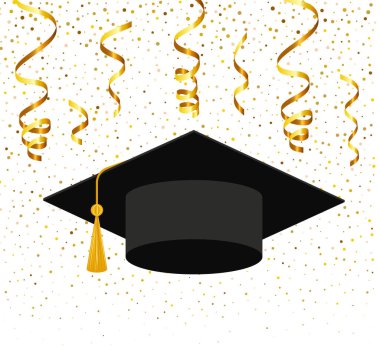 graduate cap and diploma with falling golden confetti on background eps 10