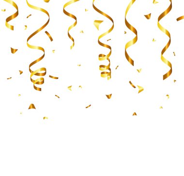 Golden Tiny Confetti And Streamer Ribbon Falling On Transparent Background. Vector eps 10