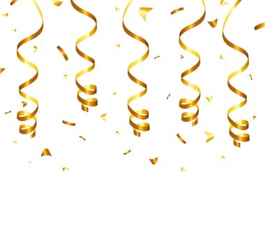 Golden Tiny Confetti And Streamer Ribbon Falling On Transparent Background. Vector eps 10