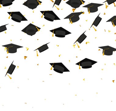 Graduation. Transparent background with realistic flying black degree caps confetti balloons and diplomas. Vector image school and university education banner with gold glitter on white background EPS 10