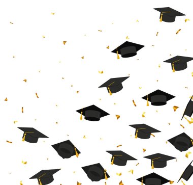 Graduation. Transparent background with realistic flying black degree caps confetti balloons and diplomas. Vector image school and university education banner with gold glitter on white background EPS 10