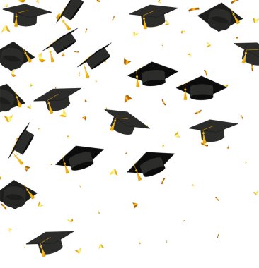 Graduation. Transparent background with realistic flying black degree caps confetti balloons and diplomas. Vector image school and university education banner with gold glitter on white background EPS 10