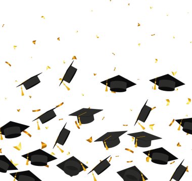 Graduation. Transparent background with realistic flying black degree caps confetti balloons and diplomas. Vector image school and university education banner with gold glitter on white background EPS 10