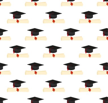 Graduation cap and diploma scroll seamless background. Higher education celebration anniversary symbol pattern. Black texture backdrop. Vector illustration eps 10