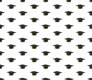 Graduation cap and diploma scroll seamless background. Higher education celebration anniversary symbol pattern. Black texture backdrop. Vector illustration Eps 10
