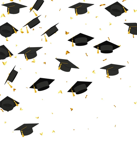 Graduation Transparent Background Realistic Flying Black Degree Caps Confetti Balloons — Stock vektor