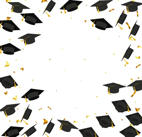 Graduation Transparent Background Realistic Flying Black Degree Caps Confetti Balloons — ストックベクタ
