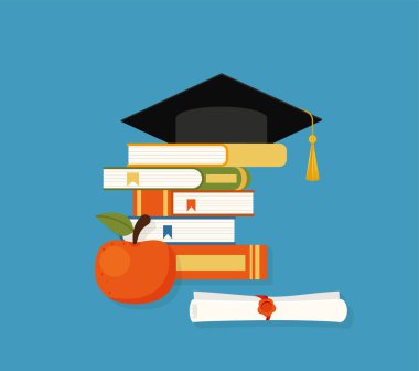 Mortarboard cap on piles of textbooks and diploma scroll eps 10